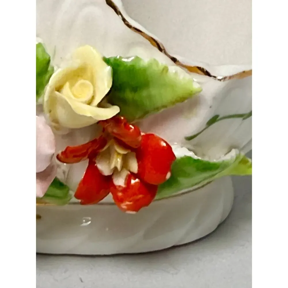Vintage ARDCO Taiwan Porcelain Flower Basket Applied Roses Gold Trim 5 Inch